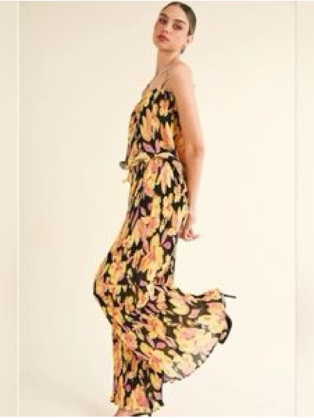 Reset 2 piece pant set Floral Black with Yellow & Pink Blooms size S NWT